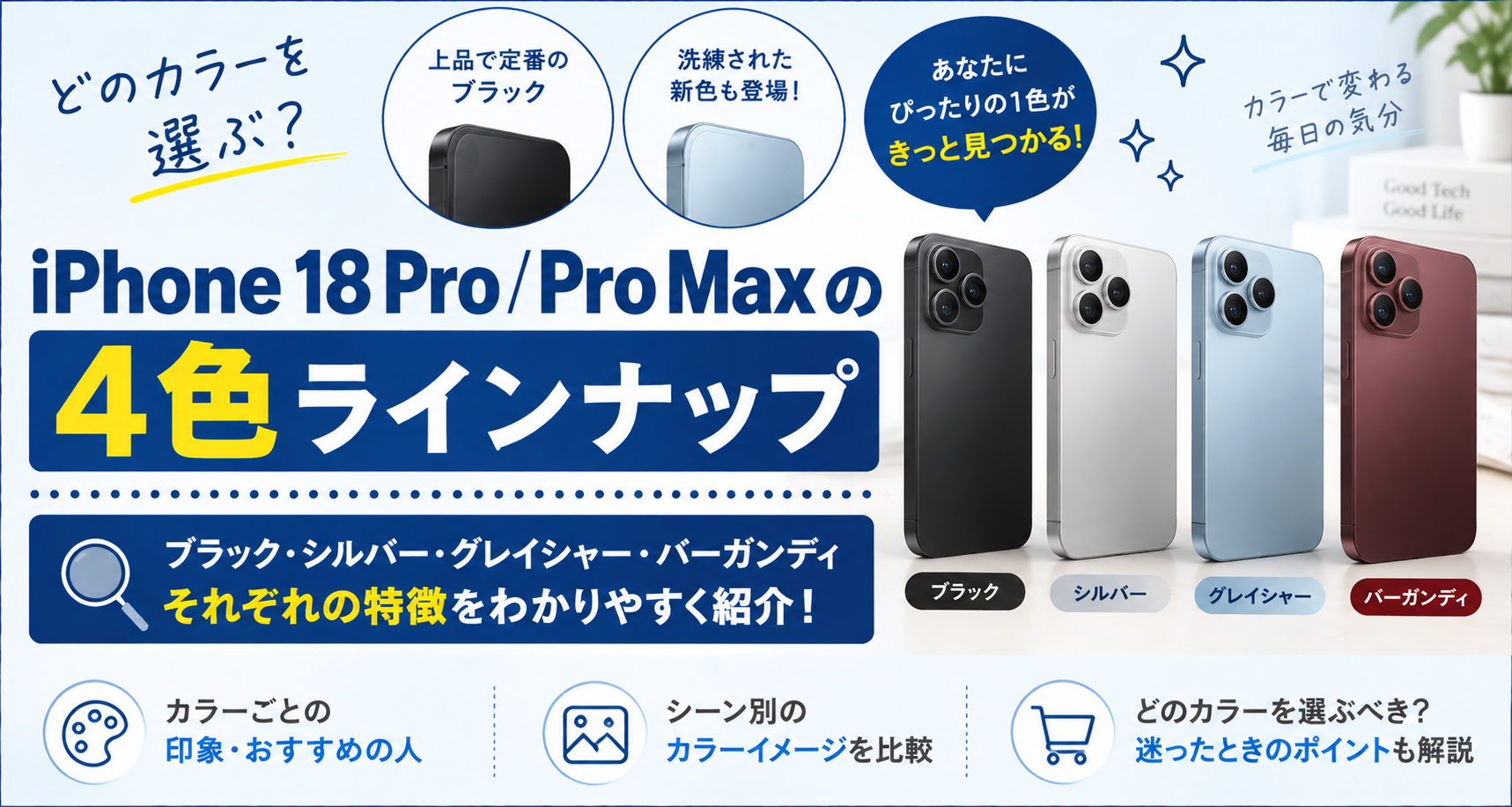 iPhone18 Pro/Pro Maxの4色ラインナップ(ブラック・シルバー・グレイシャー・バーガンディ)